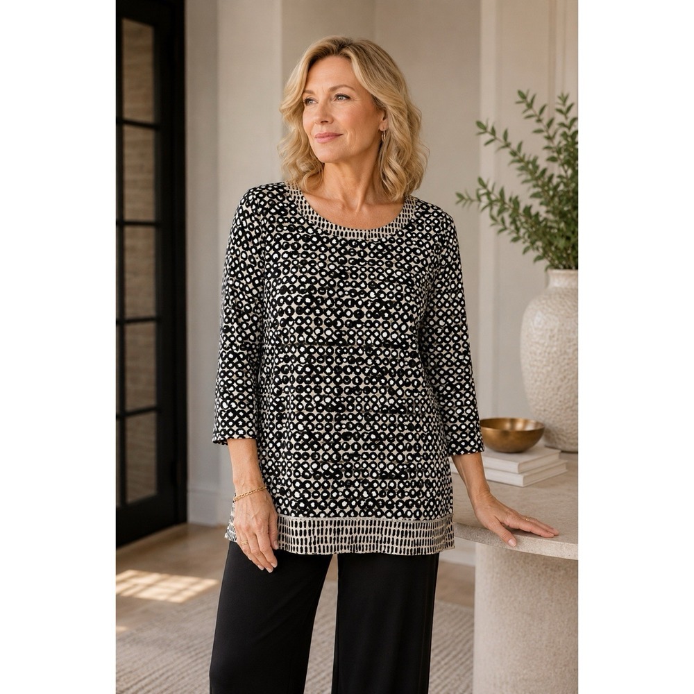 Habitat Size Medium Black White Abstract Dot Print Tunic Top 3/4 Sleeve Stretch